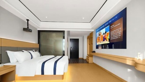 Una camera d'albergo moderna con un letto grande, una TV a schermo piatto e un pavimento in legno.