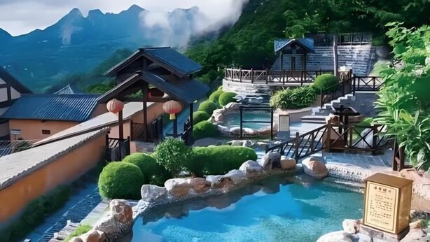 Un edificio de estilo japonés tradicional con una pequeña piscina exterior rodeada de rocas y vegetación.