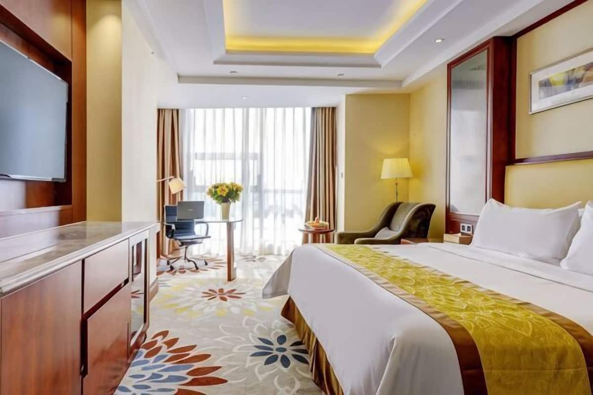A hotel room with a bed, desk, chair, TV, and a view of the outdoors.