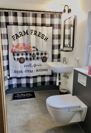 Combined shower/bathtub, hair dryer, towels, soap
