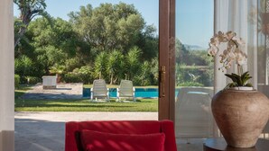 Habitación con vista a una piscina, sillas exteriores y una orquídea en maceta.