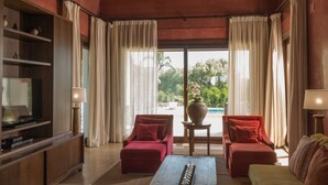 Un salón espacioso con televisor, dos sofás rojos, una mesa de centro de madera y un ventanal con cortinas.