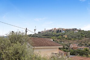 A hillside town with buildings, power lines, and vegetation.