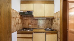 A compact kitchen with wooden cabinets, a built-in stove, and a sink. - Apartment "Rieglhof Hennennest" with Mountain View, Garden & Wi-Fi (Graun im Vinschgau)
