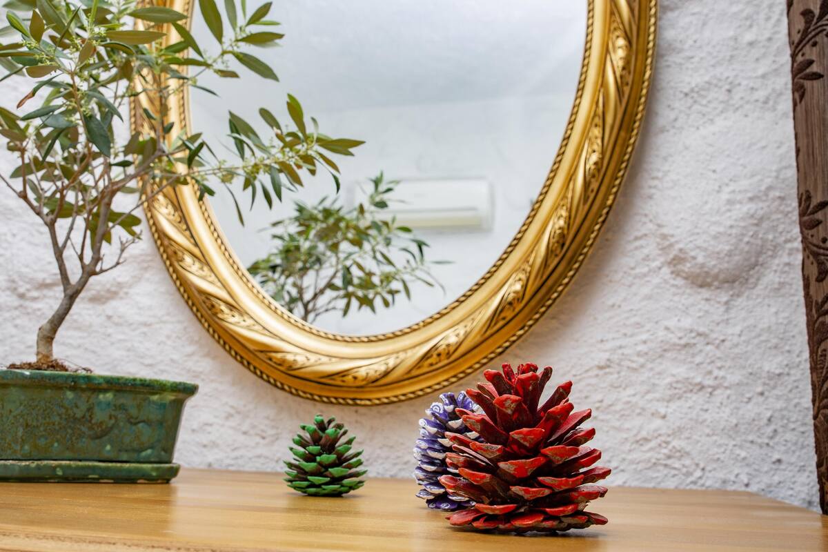 A wooden table with a potted plant, a pinecone, and a mirror with a gold frame.