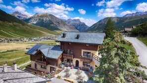 A mountain lodge with a sloped roof, solar panels, and a view of the surrounding mountains.