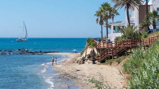 A beach with a wooden walkway, palm trees, and a sailboat in the distance.