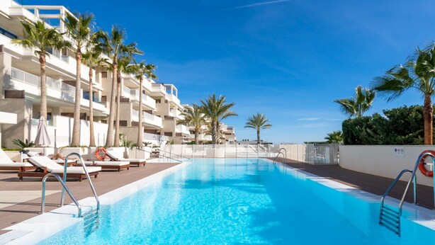 A swimming pool with lounge chairs and palm trees, surrounded by a multi-story building.