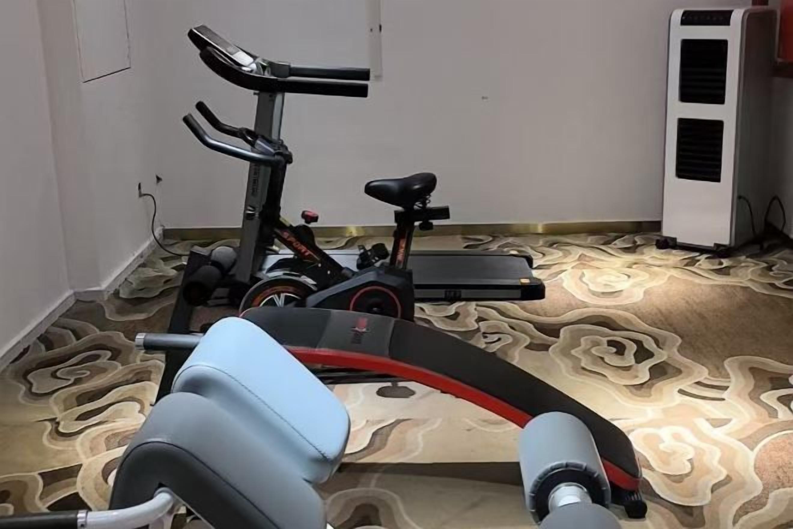 Una bicicleta estática sobre una alfombra estampada, un aire acondicionado instalado en la pared y una pared lisa.
