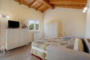 Une chambre à coucher avec un lit, une télévision, une armoire et une fenêtre.