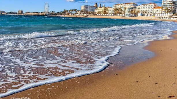 A beach with waves, a Ferris wheel, and buildings in the background.