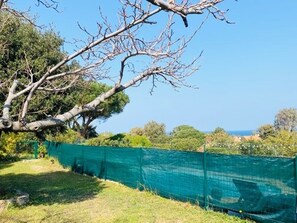 A fenced outdoor area with a tree and a view of the sea.