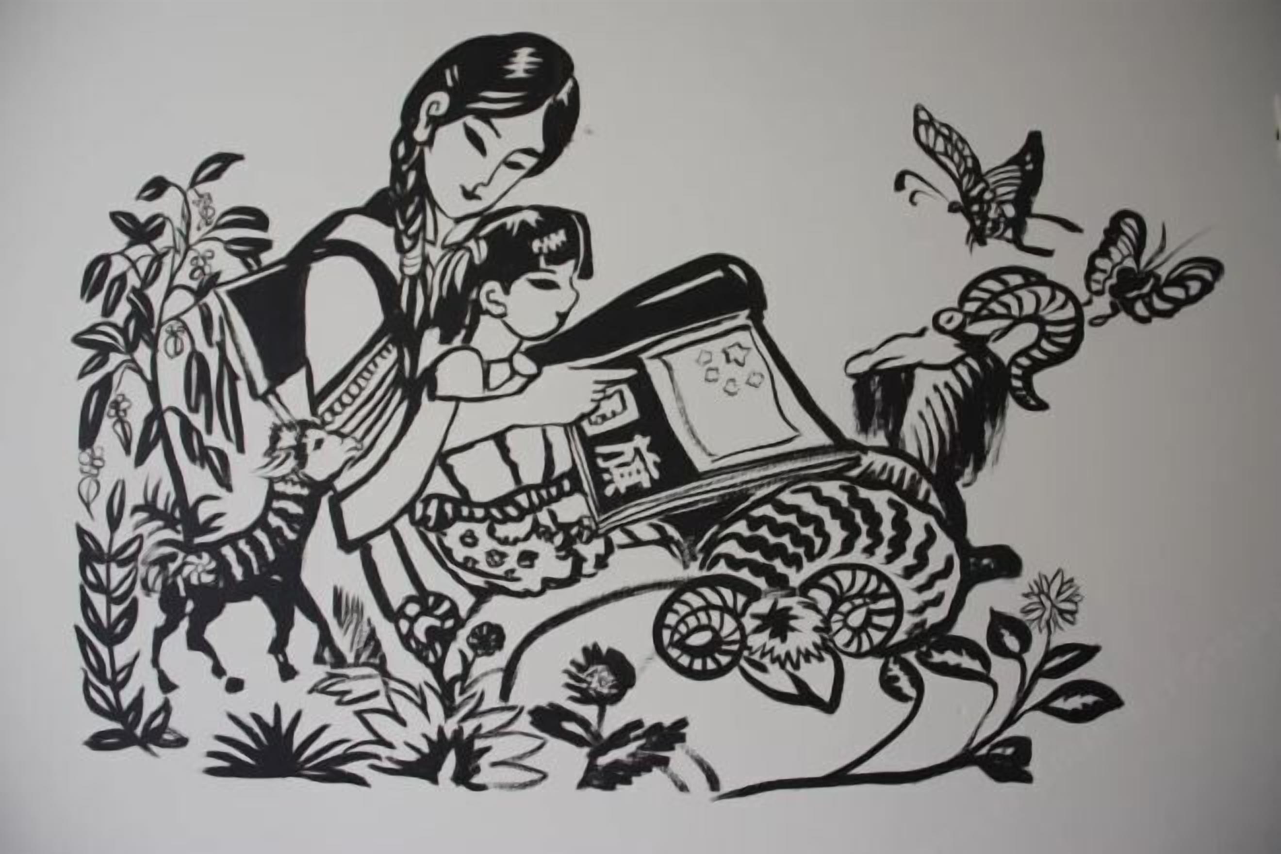 A woman reading a book with a child, surrounded by nature and butterflies.