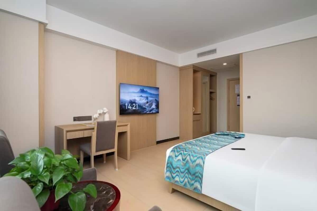 Hotellihuone, jossa on sänky, työpöytä, televisio ja ruukussa oleva kasvi.
