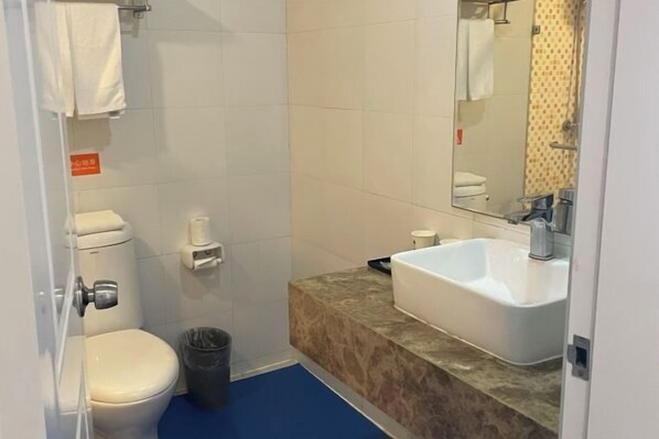 A bathroom with a toilet, a sink, a mirror, and a trash bin.