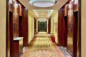 A hotel hallway with a patterned carpet, wooden doors, and a ceiling light fixture. - hide bdr hotel (Diebu)