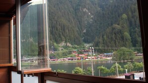 A room with a large window overlooking a mountainous landscape. - Uzungol Adiloglu Apart (Çaykara)