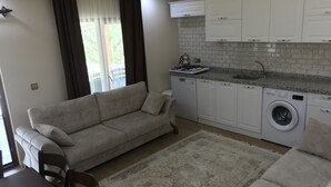 A compact living space with a sofa, a dining table, a washing machine, and a kitchenette. - Uzungol Adiloglu Apart (Çaykara)