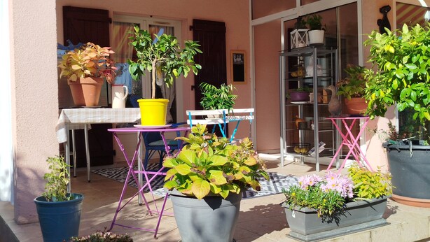 Un patio con varias macetas, una mesa y un cubo amarillo, además de una silla.