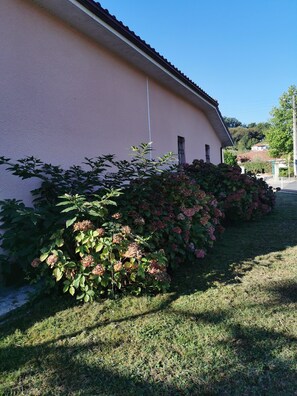Un edificio con fachada rosa, una ventana pequeña y un cable a la vista.