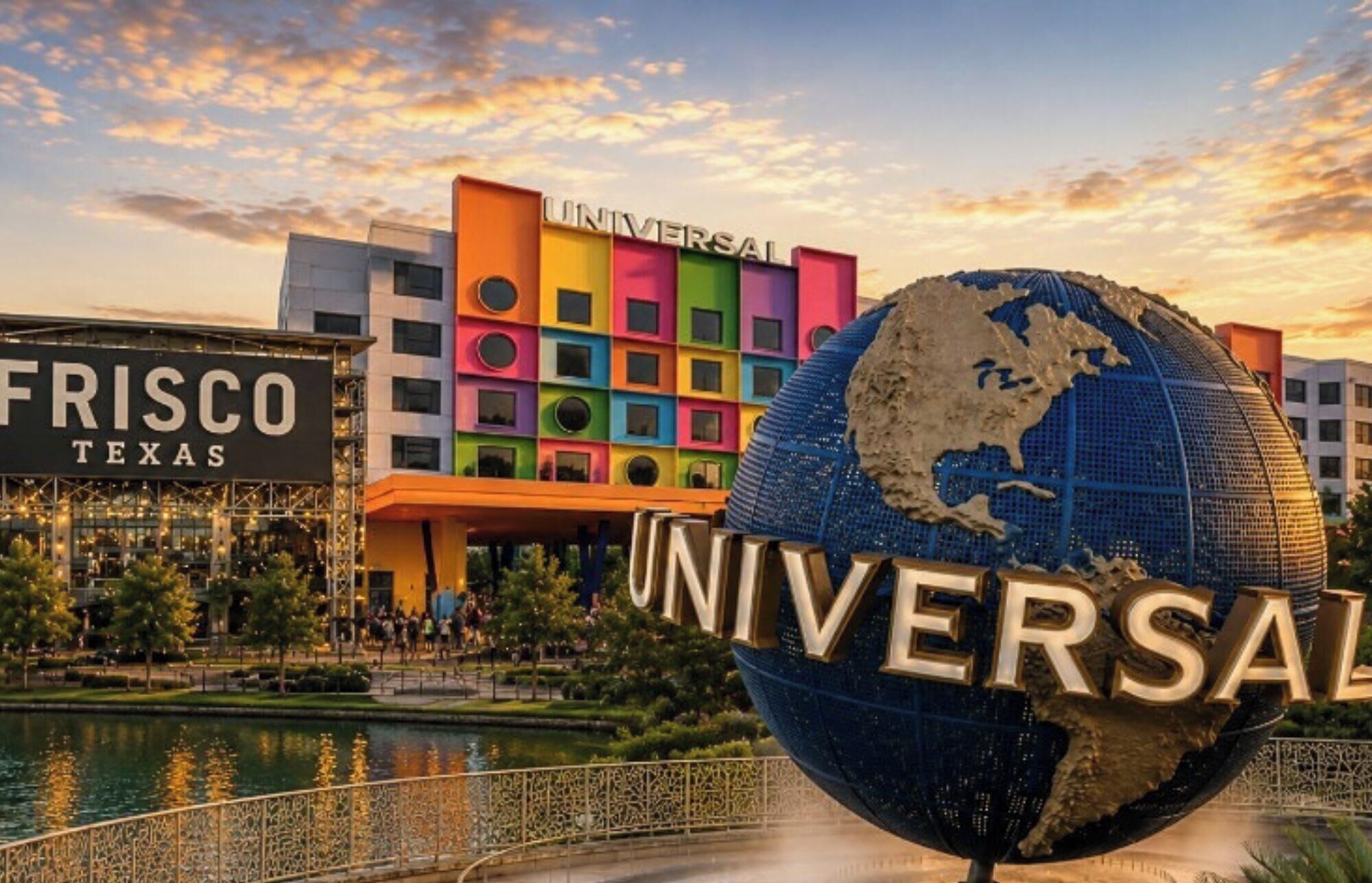 Ein großer Globus mit der Aufschrift 'UNIVERSAL', vor einem farbenfrohen Gebäude mit Schildern 'FRISCO TEXAS' und 'UNIVERSAL'.