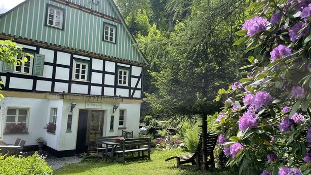 A traditional half-timbered house with a green roof, a garden with a bench, and blooming purple flowers. - Haus Onel 1 (Schmallenberg)