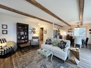 Smart TV, fireplace, books, music library