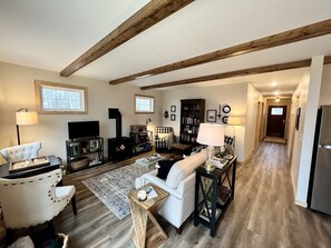 Smart TV, fireplace, books, music library