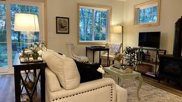 Smart TV, fireplace, books, music library