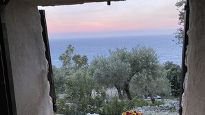 A view from a window overlooking the sea, with a balcony and a vase of flowers. - Shelter "Es Mirador" Cami de S'Illeta - Port de Soller (Puerto de Sóller)