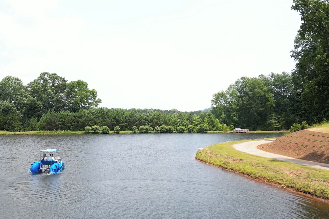 A blue motorboat on a calm lake surrounded by dense greenery.