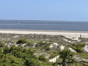 Paesaggio costiero con spiaggia sabbiosa, vegetazione rada e vista aperta sull'oceano.
