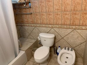 Combined shower/bathtub, towels, soap, toilet paper