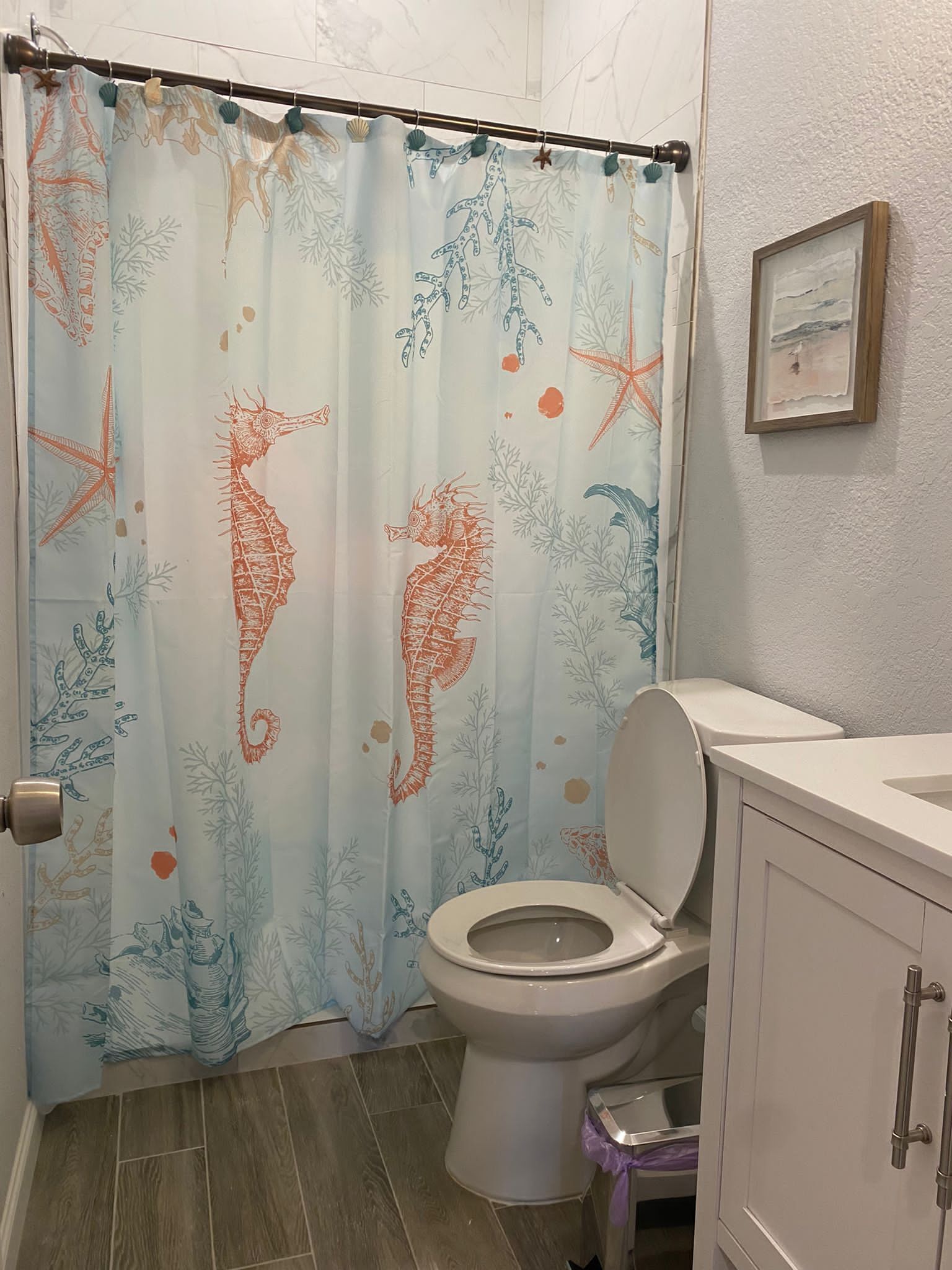 Une salle de bain avec un rideau de douche orné de motifs de chevaux de mer, des toilettes et un tableau encadré accroché au mur.