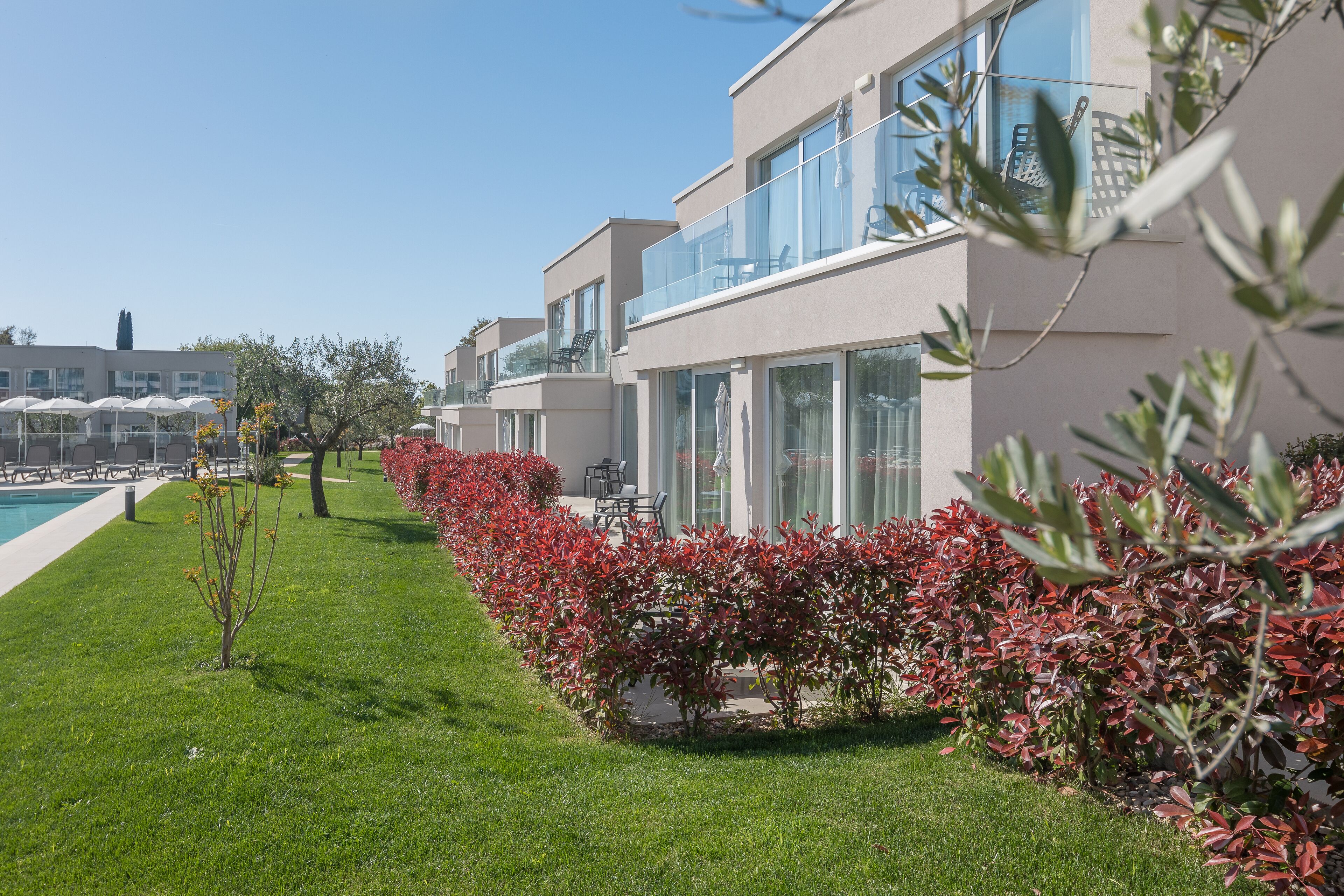 A modern hotel with a pool, red-leaved bushes, and a clear blue sky.