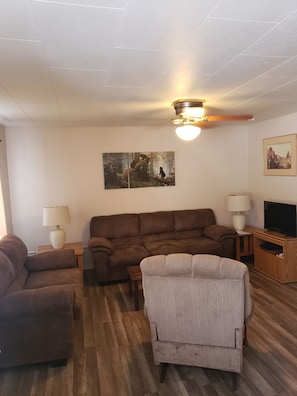 Cabaña básica | Zona de estar | Una televisión de pantalla plana