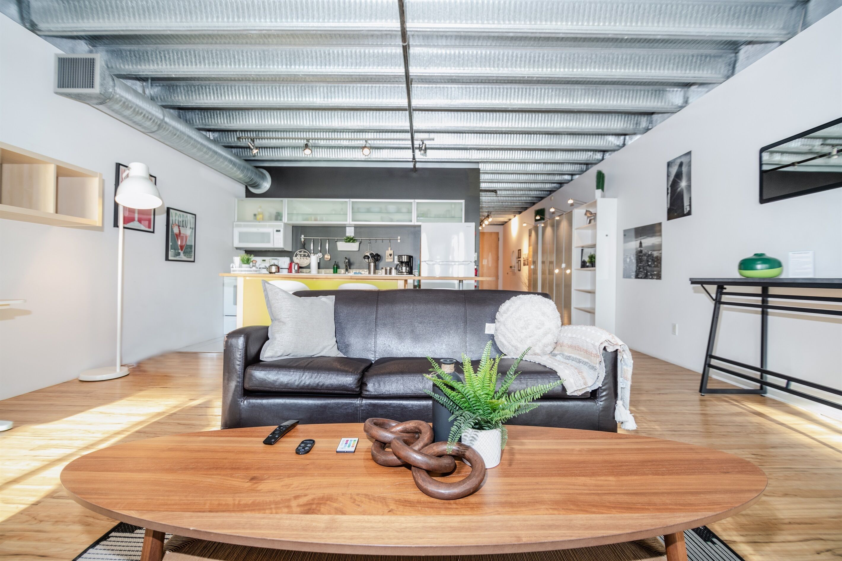 A modern living room with a leather sofa, a coffee table, and a potted plant.