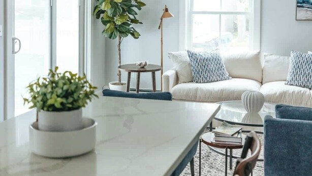 Uma sala de estar moderna com um sofá branco, uma mesa de jantar e uma mesa de centro. Há uma planta em vaso e um abajur sobre uma mesinha lateral.