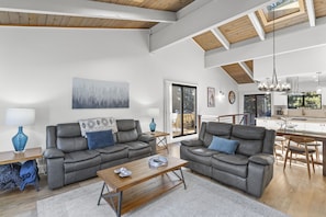 Smart TV, fireplace, books, computer monitors