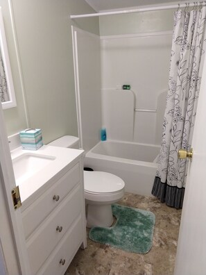 Combinazione doccia/vasca, asciugamani, sapone, shampoo