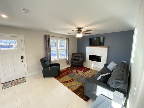 Smart TV, fireplace, books