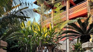 A woman in a white dress sitting on stone steps with potted plants and a building with red and brown architecture in the background. - Refúgio do Cacupé (Florianópolis)