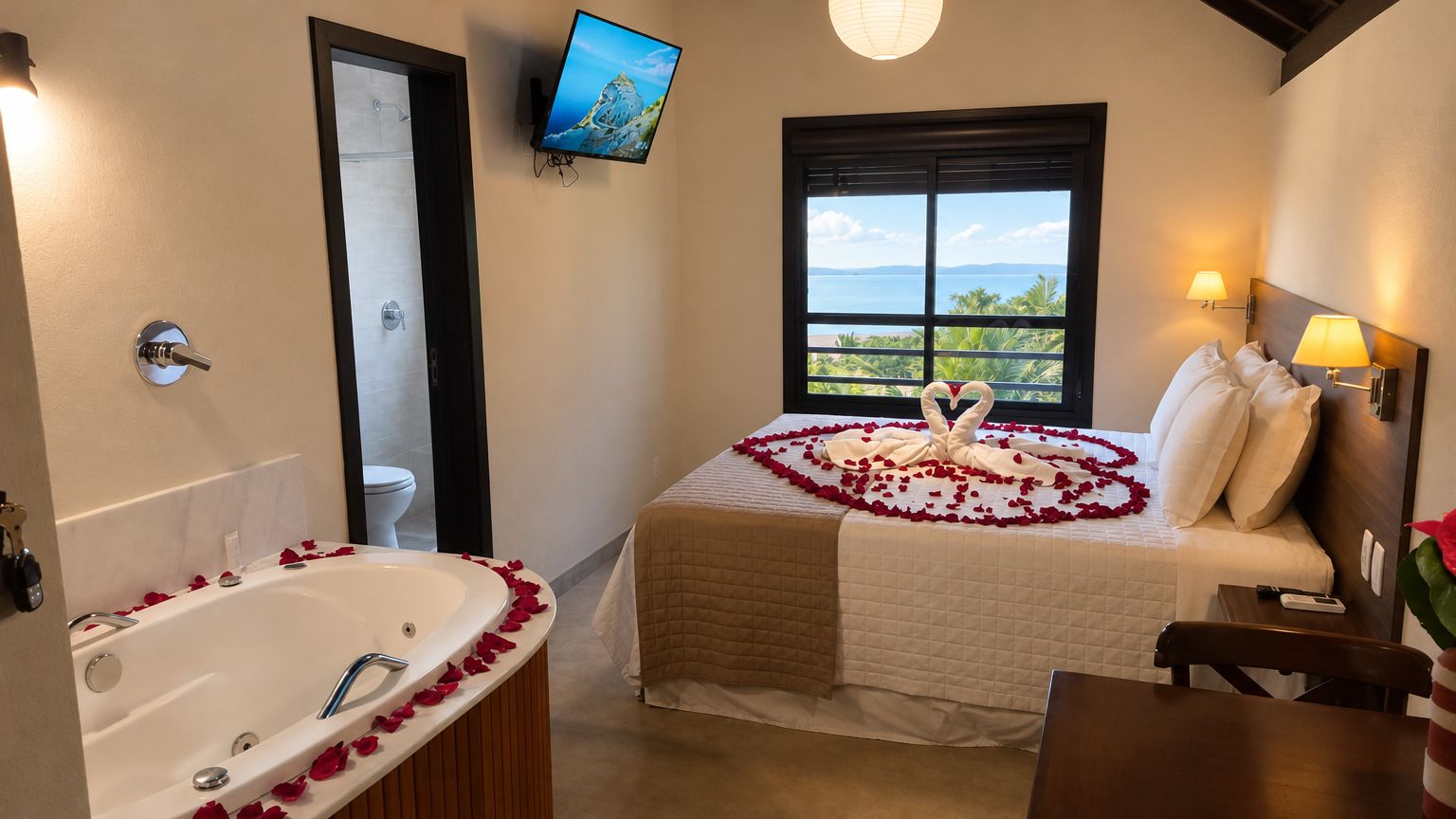 Ein Hotelzimmer mit Badewanne, einem Bett mit Rosenblättern, einem Fernseher und einem Fenster mit Aussicht.