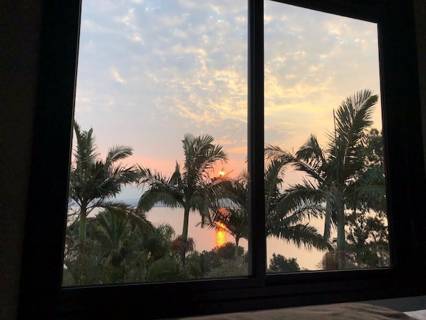 Vista del atardecer a través de una ventana con palmeras y cielo despejado.
