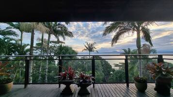 Varanda com vista para a água e palmeiras.