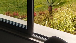 Blick durch ein Fenster auf einen Swimmingpool, eine Rasenfläche und eine Steinmauer.