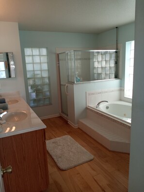 Combined shower/tub, jetted tub, hair dryer, towels