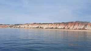 Et kystlandskab med klipper og en strand.