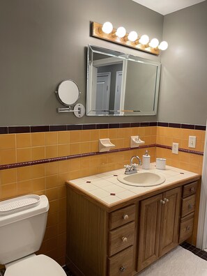 Tina con regadera, secadora de cabello, toallas, jabón 