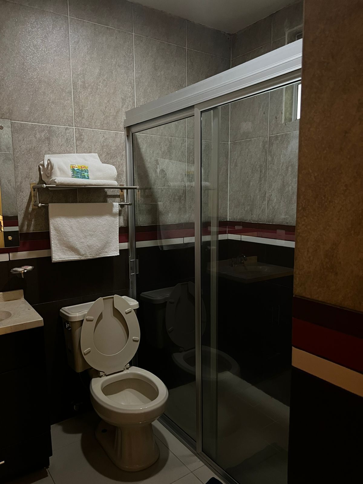 A bathroom with a toilet, a glass shower enclosure, and a towel rack with towels.
